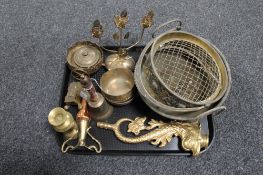 A tray of metalware, brass hand bell, brass bowls,