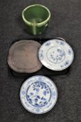 A tray of middle eastern metal plates, Art Deco pottery planter,