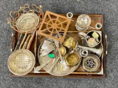 Two Edwardian oak twin handled serving trays together with a quantity of metal ware, copper trivet,