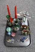 A tray of antique and later glass ware to include vases, mushroom paperweights,