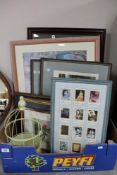 A box of metal bird cage, assorted framed pictures and prints, framed Patsy Cline montage,