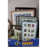 A box of metal bird cage, assorted framed pictures and prints, framed Patsy Cline montage,