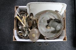 A box of antique metal ware, brass jam pan, copper flask, twin handled pan, cutlery,