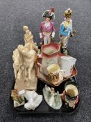 A tray of two china Napoleonic style figurines, resin figure of a soldier, two Nao ducks,