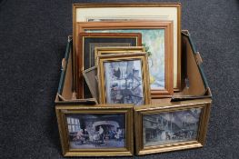 A box of eight assorted framed pictures - oil on board, still life,