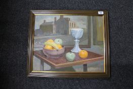 George Patterson: Still life with vase and fruits, oil on canvas, signed, dated '95, 40cm by 50cm.