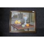 George Patterson: Still life with vase and fruits, oil on canvas, signed, dated '95, 40cm by 50cm.