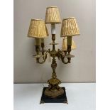 A good quality early 20th century brass five way table candelabrum on marble base