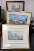 A box of seven assorted framed pictures and prints to include scenes of Paris,