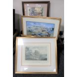 A box of seven assorted framed pictures and prints to include scenes of Paris,