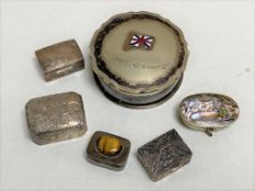 Four silver pill boxes together with a further white metal and abalone box, Mappin & Webb M.V.