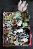 Two boxes of miscellaneous china, continental figures, Staffordshire dogs,