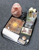 A tray of Rock salt table lamp, Tudor butterflies, Victorian trinket box, lacquered snuff box,