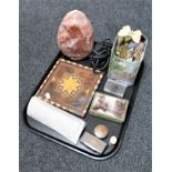 A tray of Rock salt table lamp, Tudor butterflies, Victorian trinket box, lacquered snuff box,