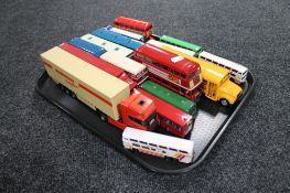 A tray of die cast delivery vans and busses including Solido,