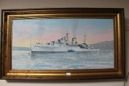 A framed Harley Crossley oil on board depicting a battle ship CONDITION REPORT: