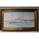 A framed Harley Crossley oil on board depicting a battle ship CONDITION REPORT: