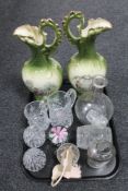 A pair of early 20th century transfer printed vases together with glass ware, paperweight,