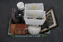 A box of leather jewellery box, contemporary vases, table lamps,