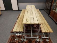 A reclaimed scaffold table and bench set,