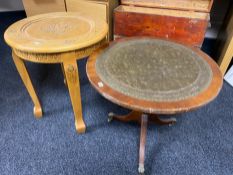 A mahogany leather topped Regency style pedestal wine table together with a pine lamp table