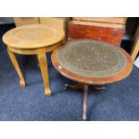 A mahogany leather topped Regency style pedestal wine table together with a pine lamp table