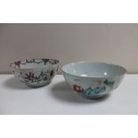 Two 19th century Chinese pottery bowls depicting Chinese figures and flowers (restored)