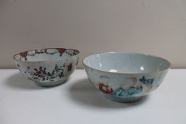 Two 19th century Chinese pottery bowls depicting Chinese figures and flowers (restored)