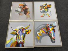 Four contemporary framed oils on canvas; cow, dog,