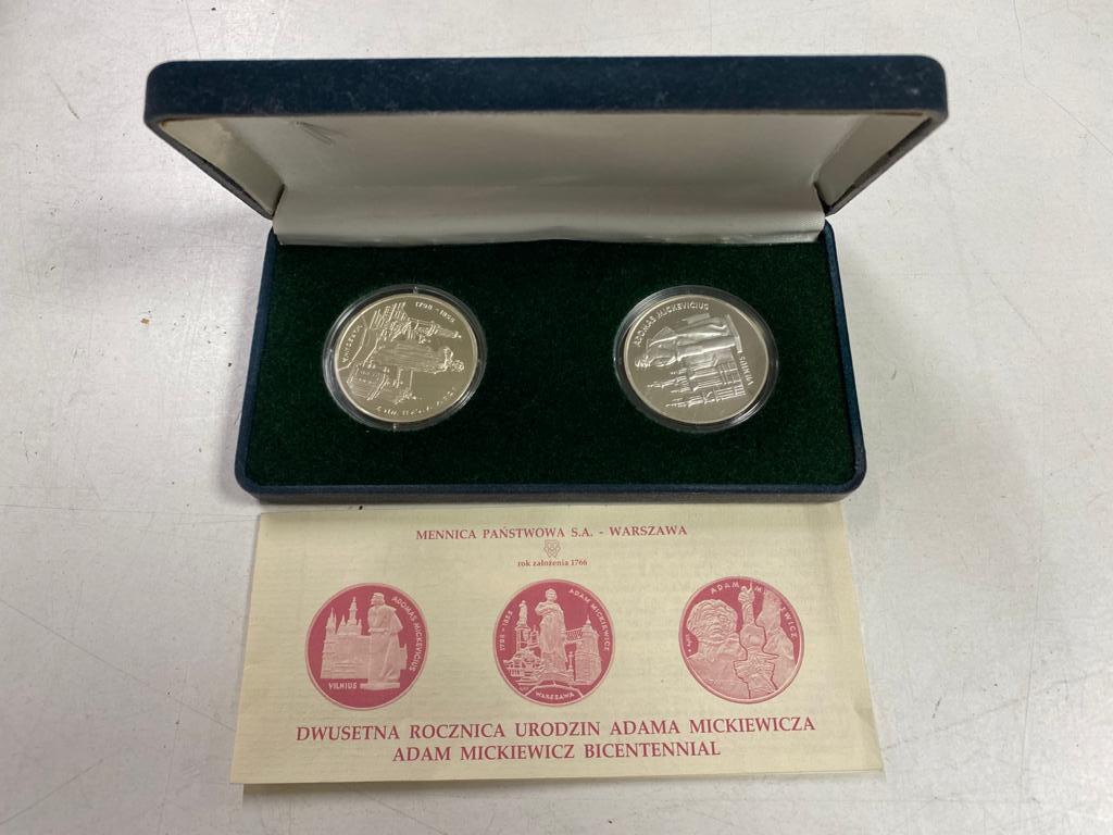 Two cased silver proof Polish Adam Mickiewicz coins in case