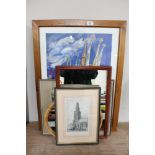 A pine framed mirror together with one other, a pine framed Barcelona framed print,