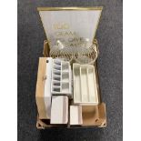 A box of contemporary home furnishings - wooden letter rack, jewellery boxes,