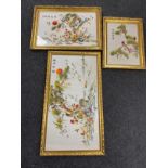 Three gilt framed Chinese silk work panels depicting birds in foliage