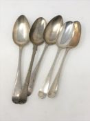 Five early George III silver spoons comprising two pairs and one single,