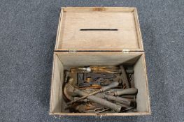 A hand painted wooden ballot box and a small quantity of hand tools