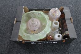 A box containing 20th century glass ware to include Art Deco light shade,