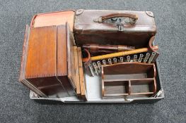 A box of Victorian mahogany table box, vintage leather case,