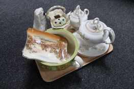 A tray of antique and later china to include, Staffordshire dog, Royal Doulton Rustic shallow dish,