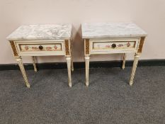 A pair of hand painted French style marble topped bedside stands,