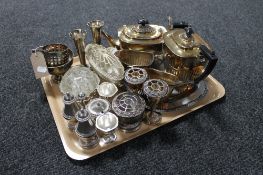 A tray of 20th century plated wares to include four piece Sheffield plate tea service, bud vases,