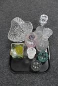 A tray of assorted glass ware - Caithness vases, paperweight, cut glass decanters,