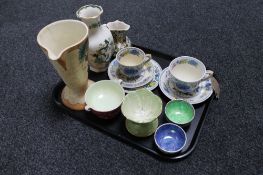 A tray of Masons vase, tea cups and saucers, Maling finger bowls, grapefruit dish,