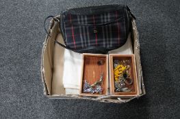 A box of assorted costume jewellery, Burberry hand bag,