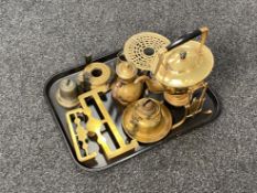 A tray of antique and later metal ware - burner on stand, oil lamp base, Duplex stove,