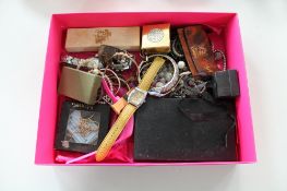 A box of assorted costume jewellery, lady's wristwatches,