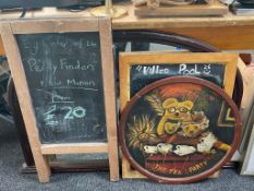 A mahogany framed overmantel mirror together with two pub chalk boards and a wooden nursery tea