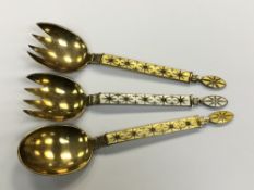 Three fine quality Norwegian silver gilt and enamel serving spoons by J.