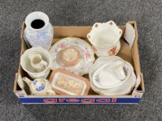 A box of assorted china to include Wedgwood Venus lidded trinket dish and tray, Chinese vase,