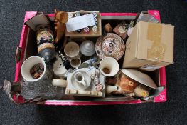 A box of china to include claret jug, Imari style teapot, beer steins, cottage ware,