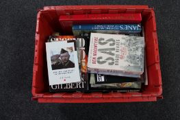 A crate of books relating to warfare